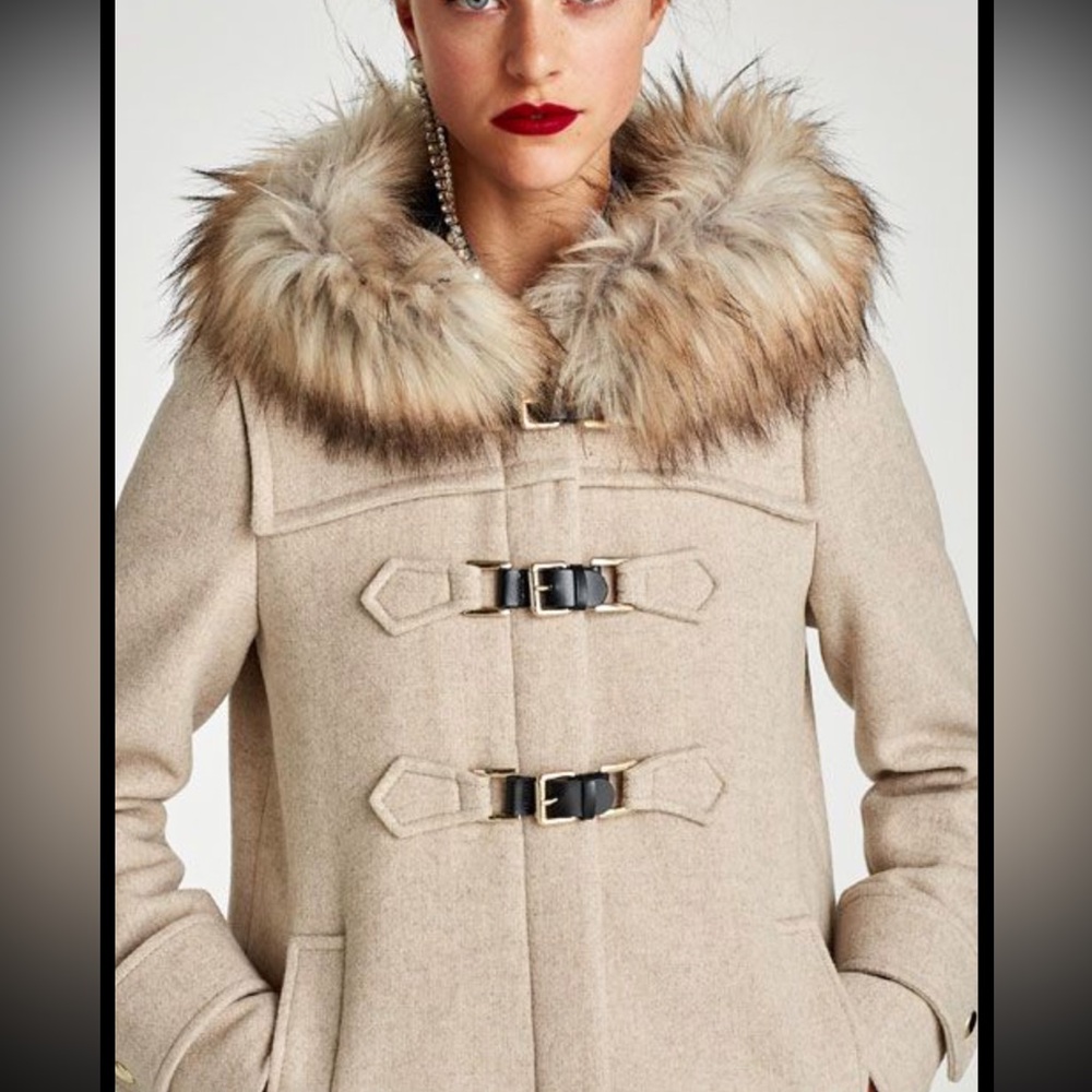 Zara Wool blend Pea Coat with Faux Fur Collar